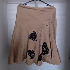 Vintage Sunny Leigh Tan Flared Midi Skirt with Embroidered Flowers and Beads